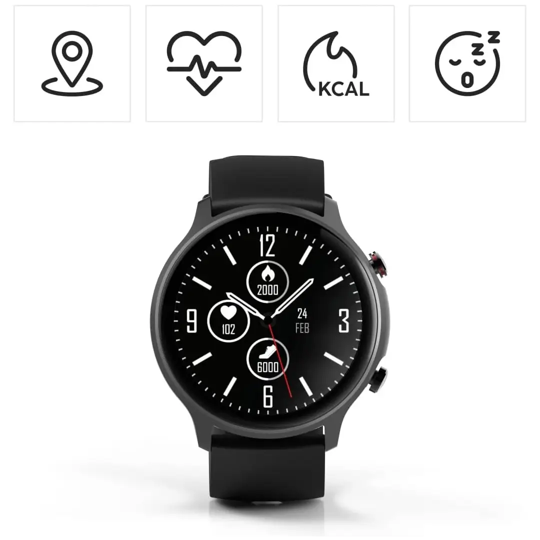 Imagen del Hama Fit Watch 6910 destacando funciones como GPS, SpO2, 14 modos deportivos y resistencia al agua IP68 – disponible en Electrocash