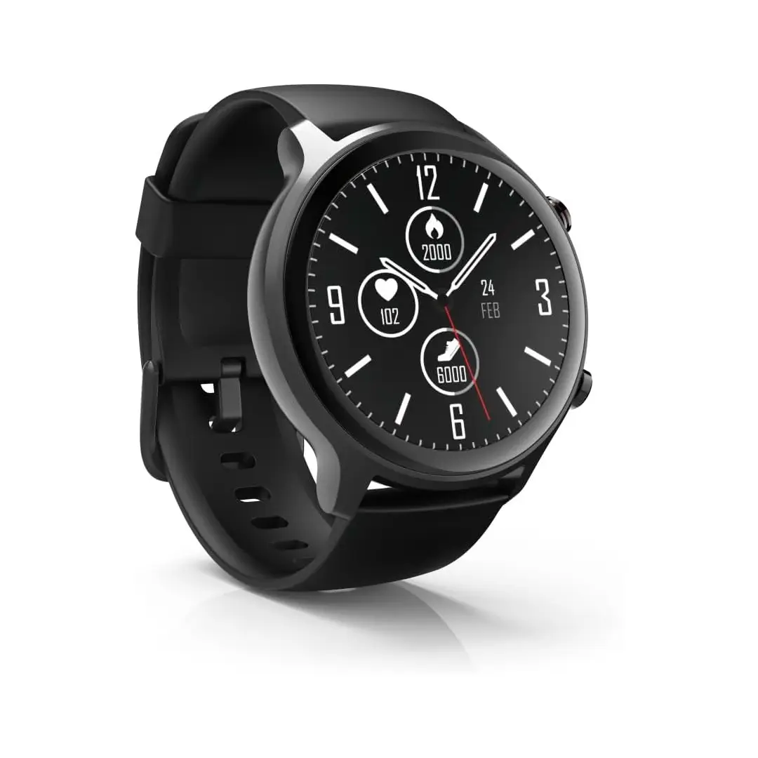 Vista frontal del Smartwatch Hama Fit Watch 6910 con pantalla LCD de 1.28 pulgadas y diseño deportivo en color negro – disponible en Electrocash