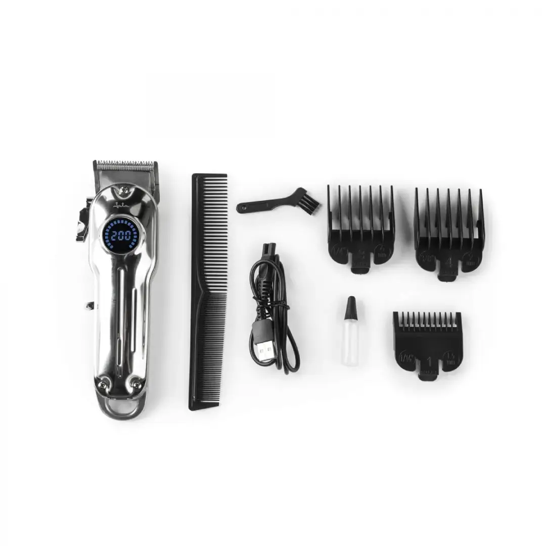 Cortapelos JATA JBCP-4000 junto a sus accesorios: peines guía, cable y cepillo de limpieza – Electrocash
