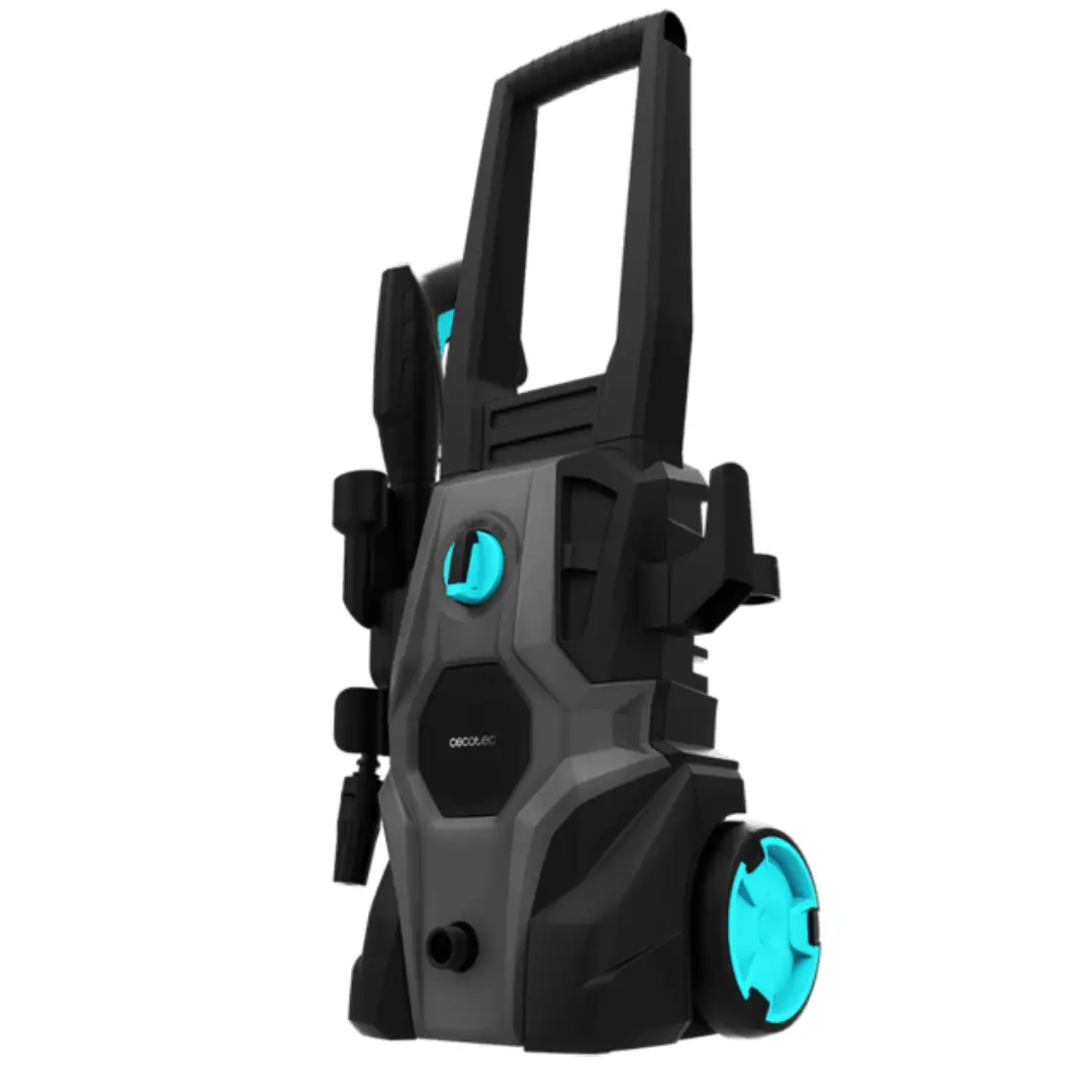 Vista lateral de la hidrolimpiadora Cecotec HydroBoost 1600 mostrando su estructura portátil, enrollador y accesorios – compra en Electrocash