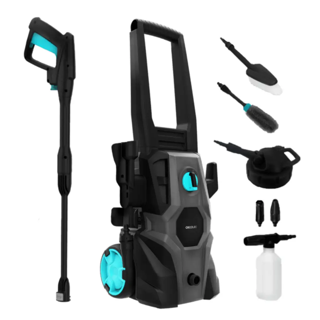 Imagen frontal de la hidrolimpiadora Cecotec HydroBoost 1600 con manguera y botella de jabón incluida – limpieza potente disponible en Electrocash