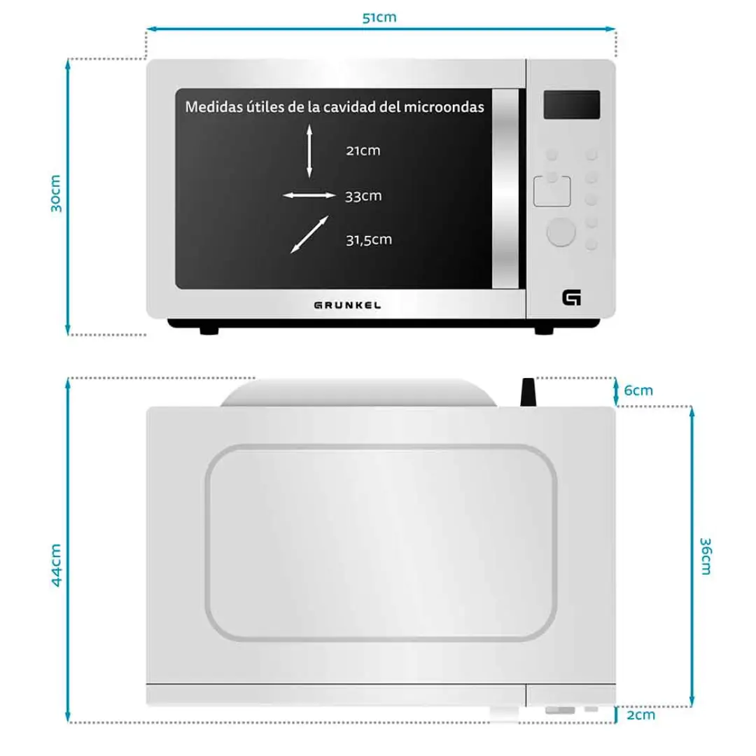 Detalle de las medidas del microondas Grunkel MW-28 Airfryer para una integración perfecta en tu cocina – disponible en Electrocash