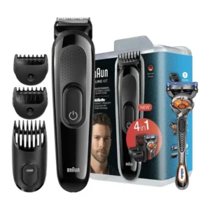 Imagen del set completo SK-3000 4 en 1 Braun + Gillette mostrando afeitadora y cortapelos con accesorios para un cuidado personal profesional – disponible en Electrocash