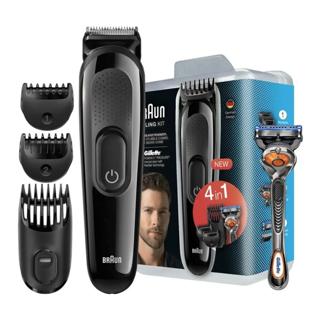 Imagen del set completo SK-3000 4 en 1 Braun + Gillette mostrando afeitadora y cortapelos con accesorios para un cuidado personal profesional – disponible en Electrocash