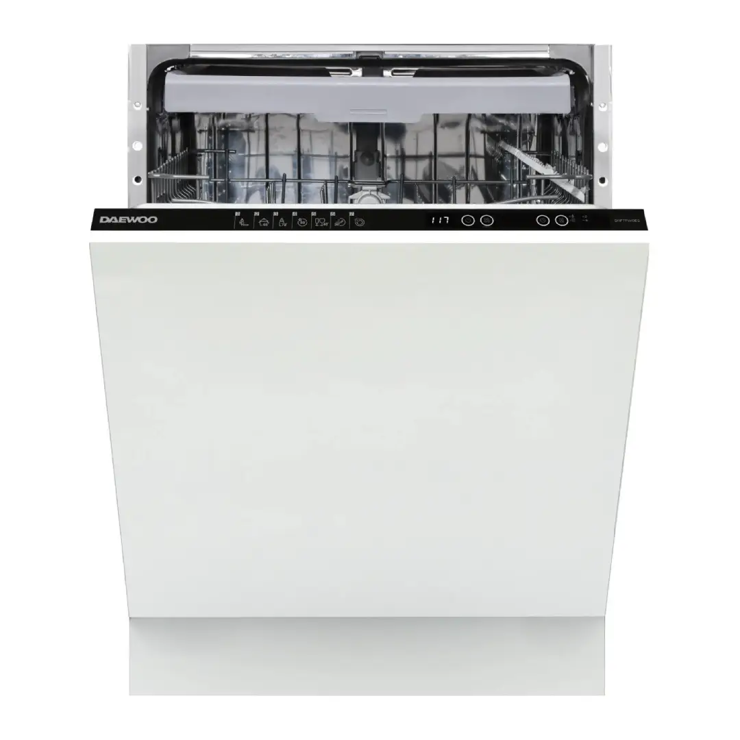 Imagen frontal del lavavajillas integrable Daewoo DI1F-7FW0ES con puerta cerrada y diseño elegante de 60 cm – eficiencia y capacidad en Electrocash