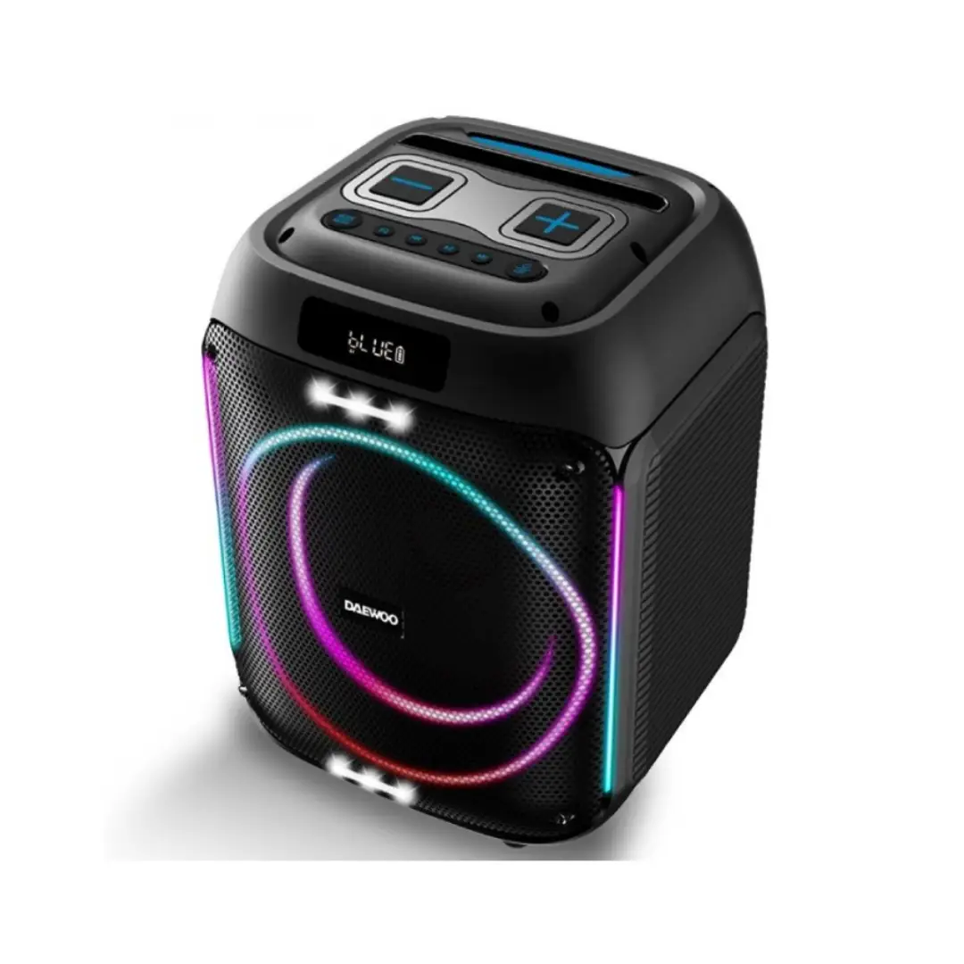 Imagen frontal del altavoz Bluetooth Daewoo DW-3009 con diseño compacto, micrófono inalámbrico y múltiples conexiones – disponible en Electrocash