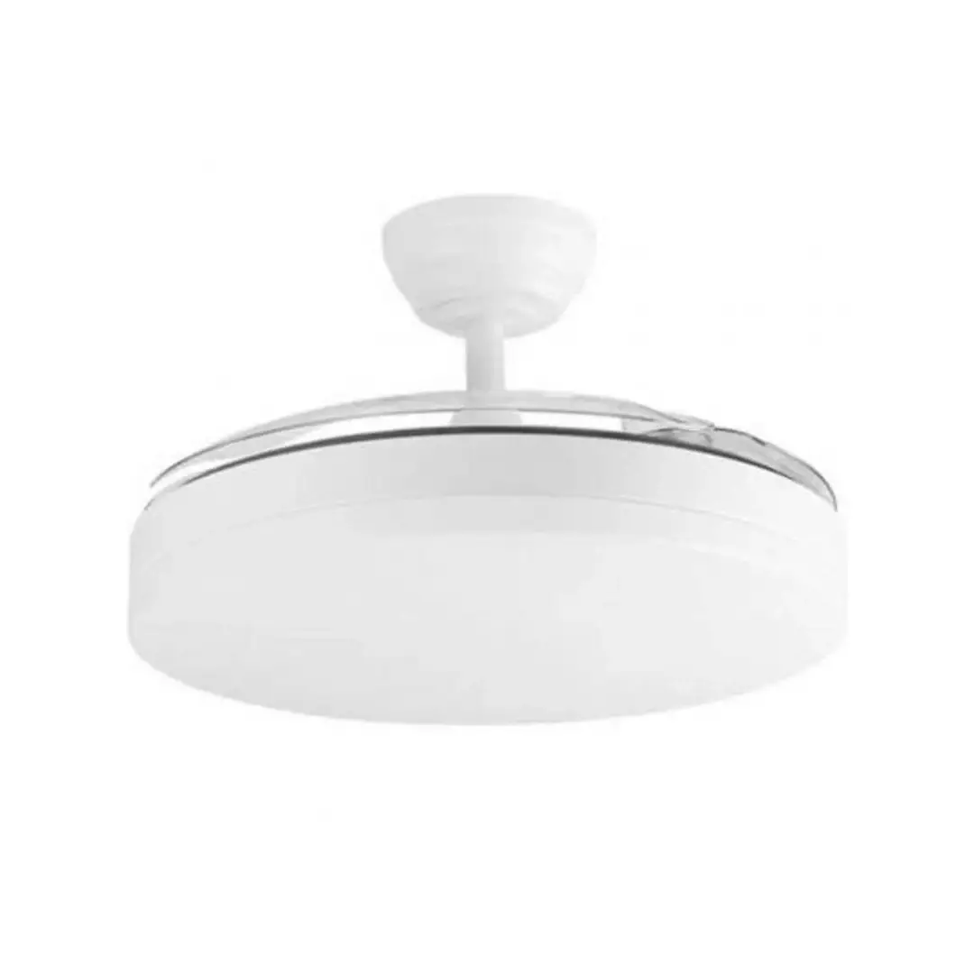 Vista del ventilador Orbegozo CP-140105 en estado cerrado, con las aspas ocultas y su luz LED decorativa encendida – funcionalidad y estilo en Electrocash