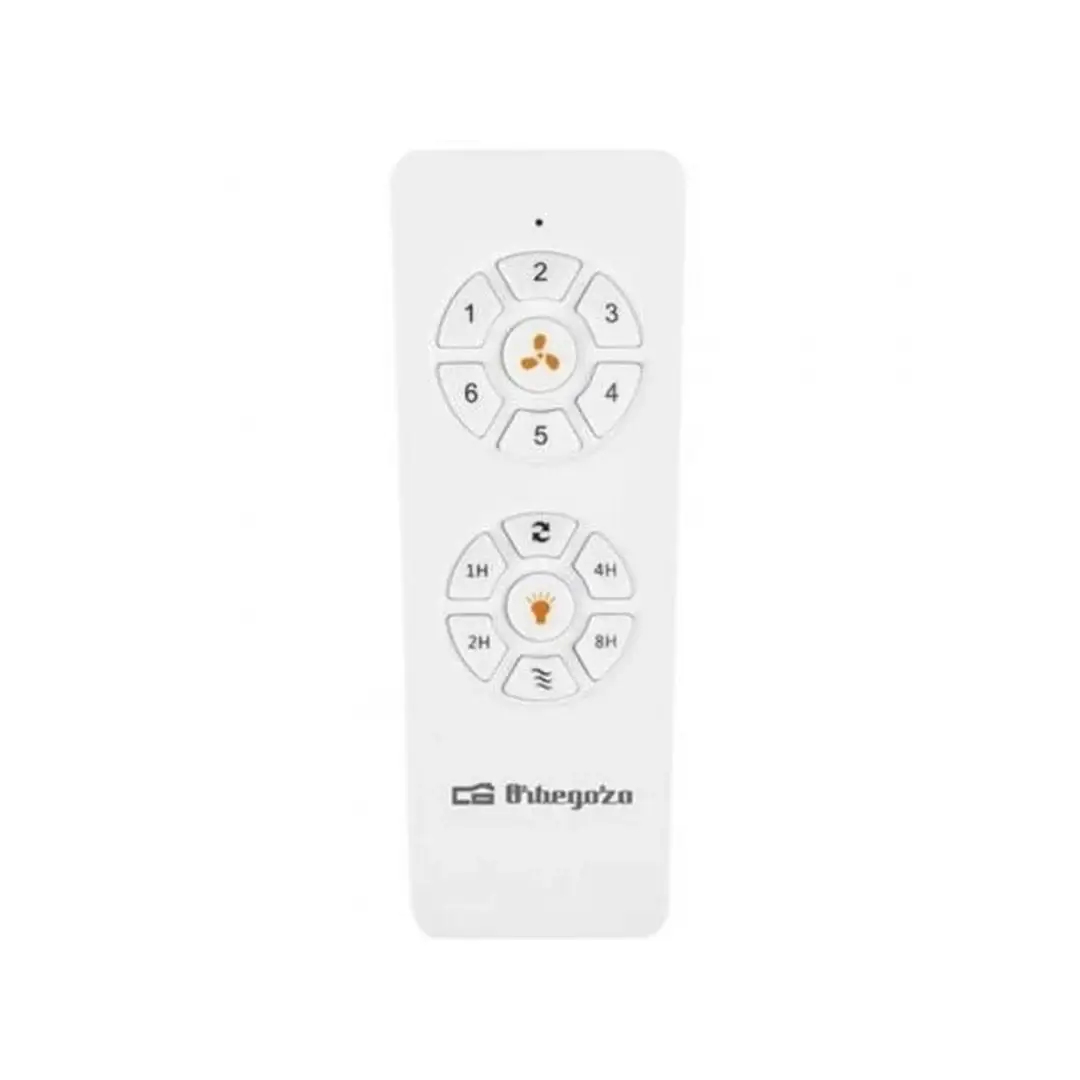 Imagen del mando a distancia del Orbegozo CP-140105 mostrando botones para controlar velocidades, temporizador y luz LED – control total desde tu sofá con Electrocash