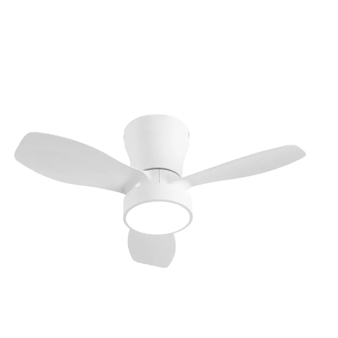 Imagen frontal del ventilador de techo Piton Blanco de Abrila con motor DC de 24W y luz LED regulable, ideal para espacios compactos – disponible en Electrocash