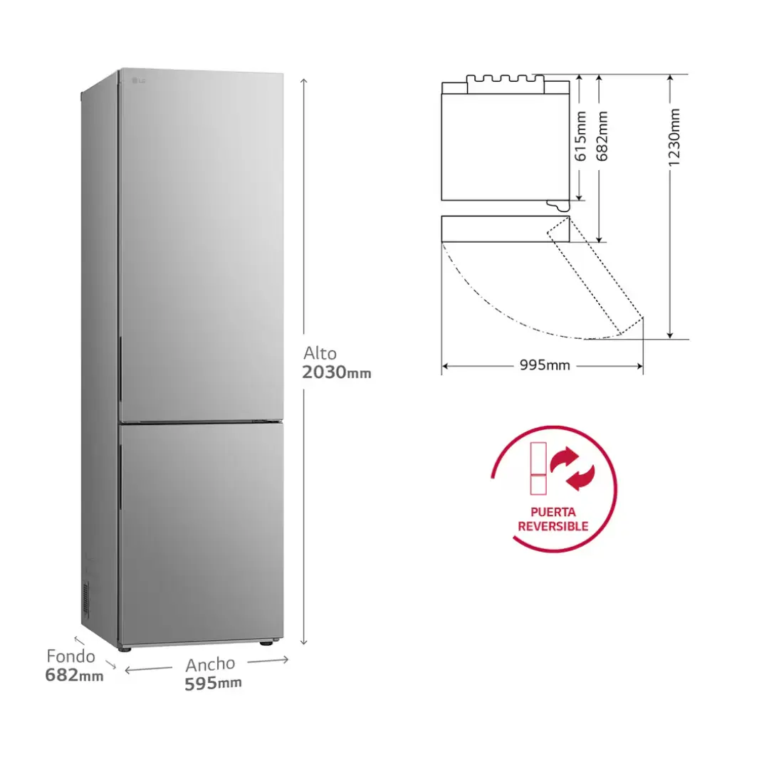 Detalle de las medidas del frigorífico LG GBV-22NCDPY para una fácil instalación en cualquier espacio – disponible en Electrocash