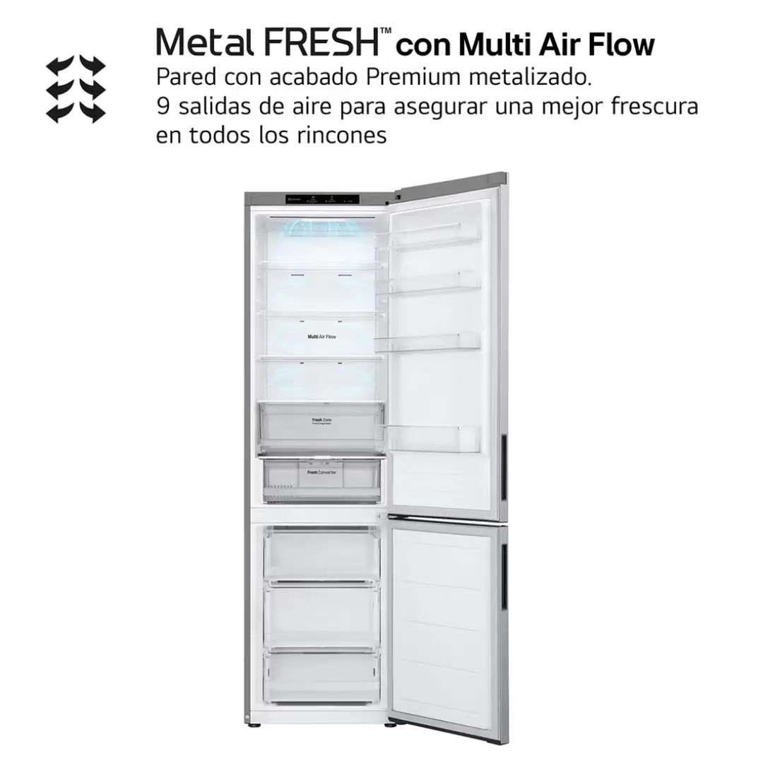 Primer plano del sistema Metal Fresh y Multi Air para mantener alimentos frescos por más tiempo en el frigorífico LG GBV-22NCDPY – disponible en Electrocash