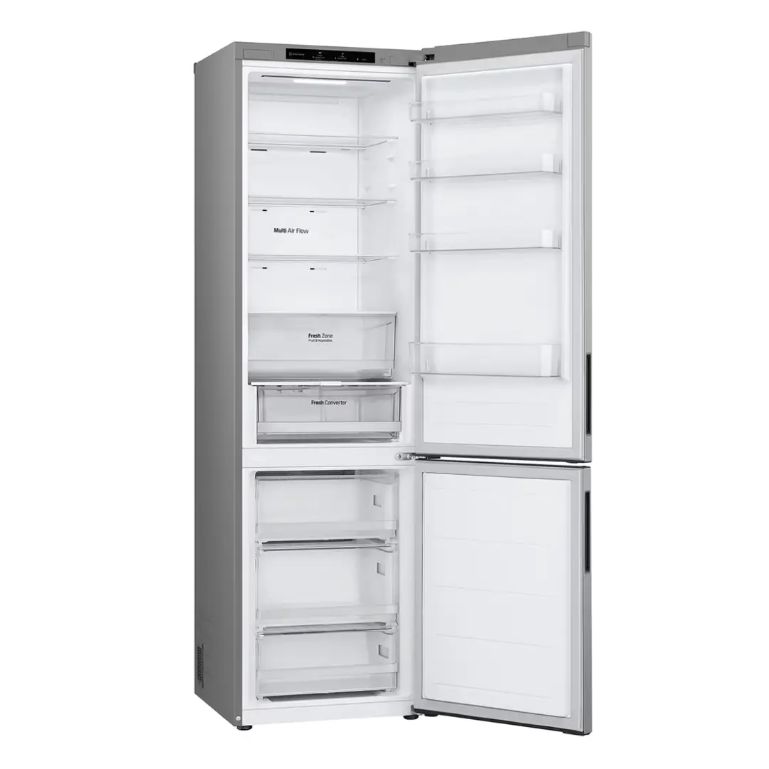 Vista interior del frigorífico LG GBV-22NCDPY abierto y vacío, mostrando su amplia capacidad y distribución optimizada – disponible en Electrocash