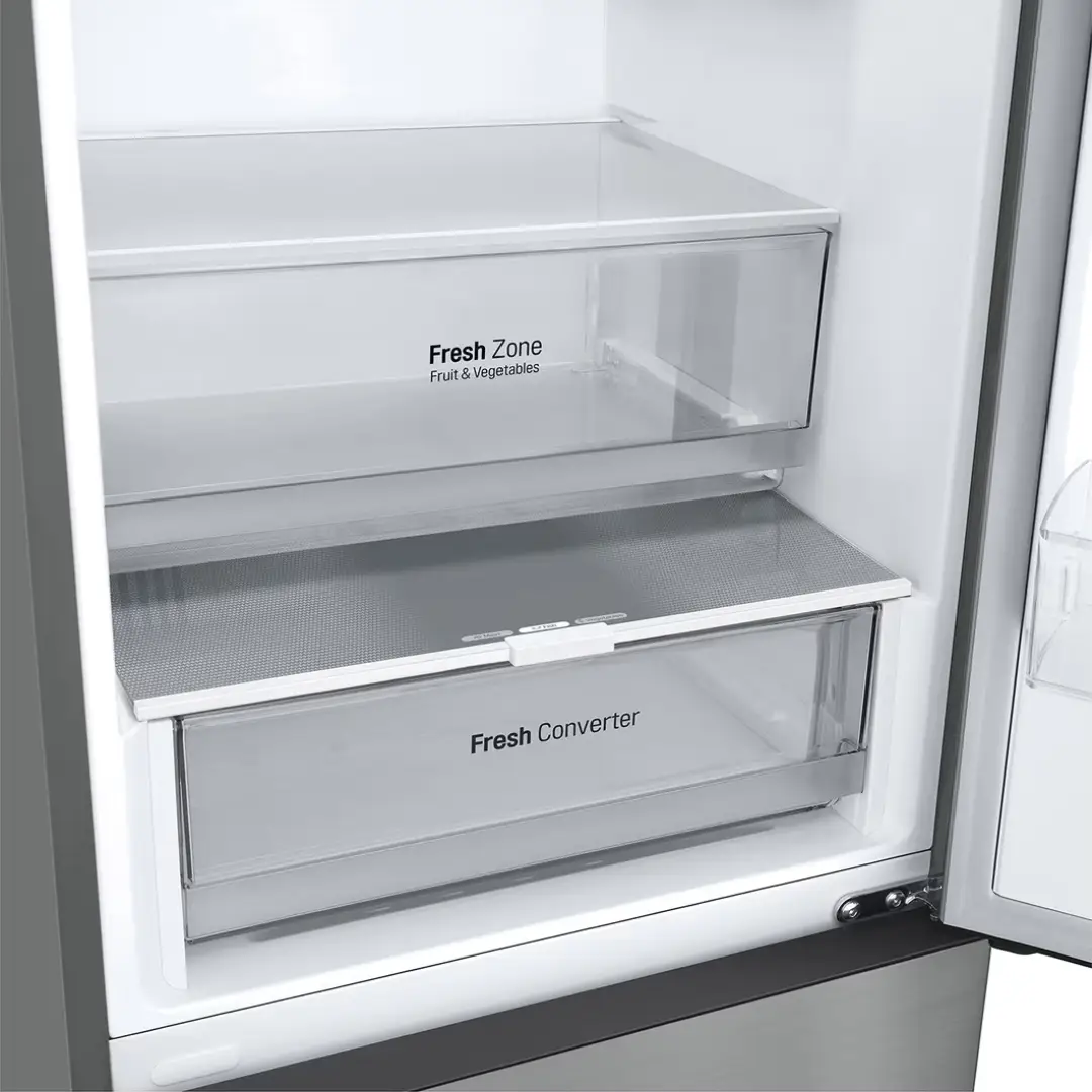 Detalle de los cajones del frigorífico LG GBV-22NCDPY que facilitan la organización de alimentos frescos y congelados – disponible en Electrocash