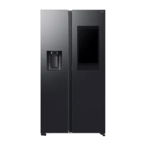 Vista frontal del frigorífico Samsung RS90F66BEFEF en grafito con pantalla Family Hub de 21.5 pulgadas – Electrocash