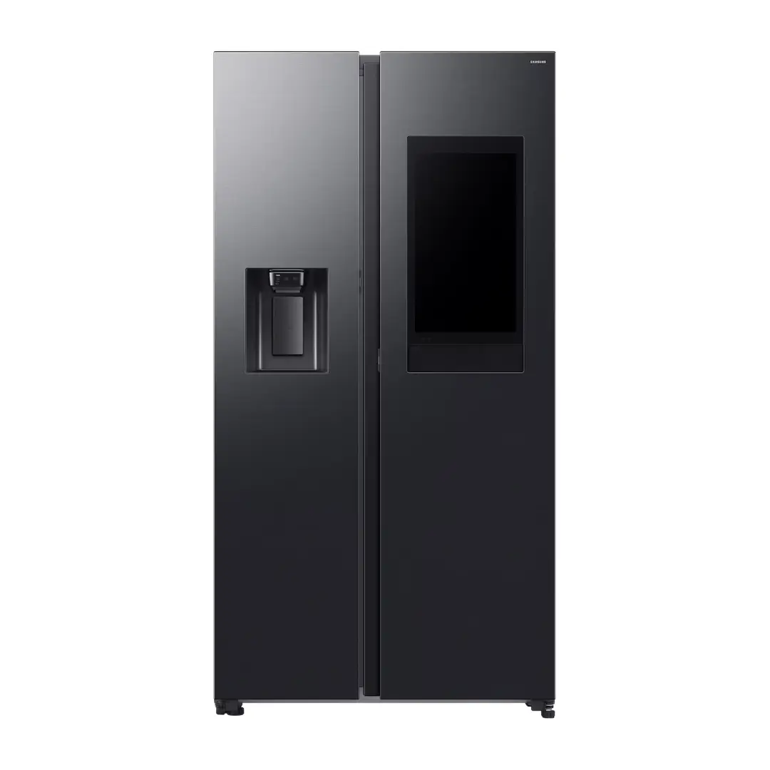 Vista frontal del frigorífico Samsung RS90F66BEFEF en grafito con pantalla Family Hub de 21.5 pulgadas – Electrocash