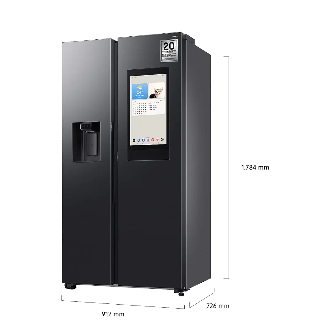 Imagen técnica del frigorífico Samsung RS90F66BEFEF mostrando sus dimensiones exactas – Electrocash