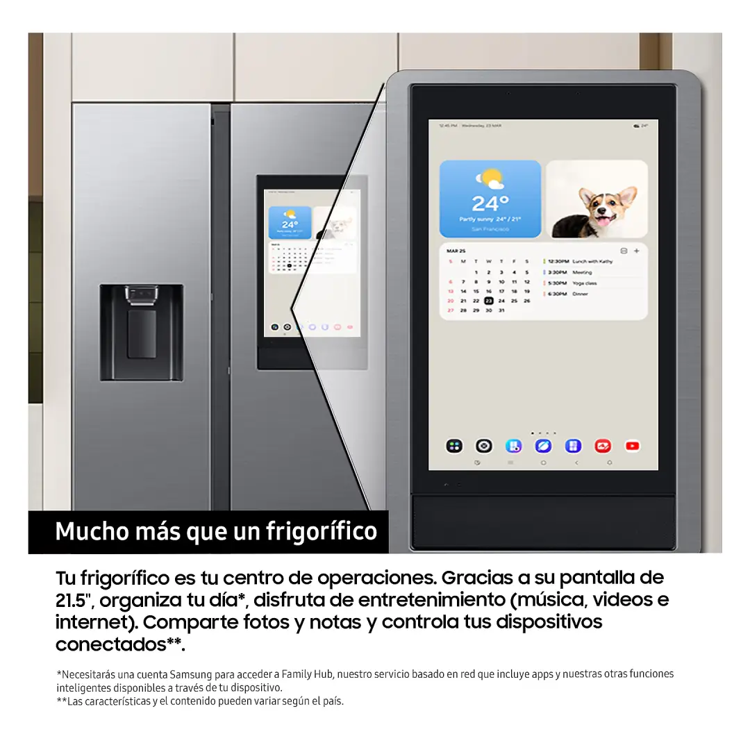 Primer plano de la pantalla Family Hub del Samsung RS90F66BEFEF con funciones inteligentes – Electrocash