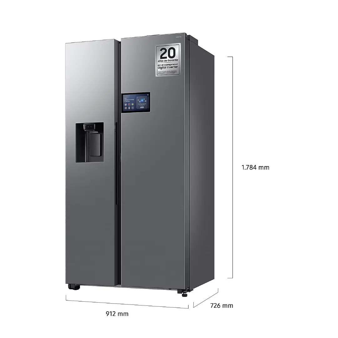 Diagrama técnico con las medidas completas del frigorífico Samsung RS-90F64EETEF en vista lateral y frontal – Electrocash