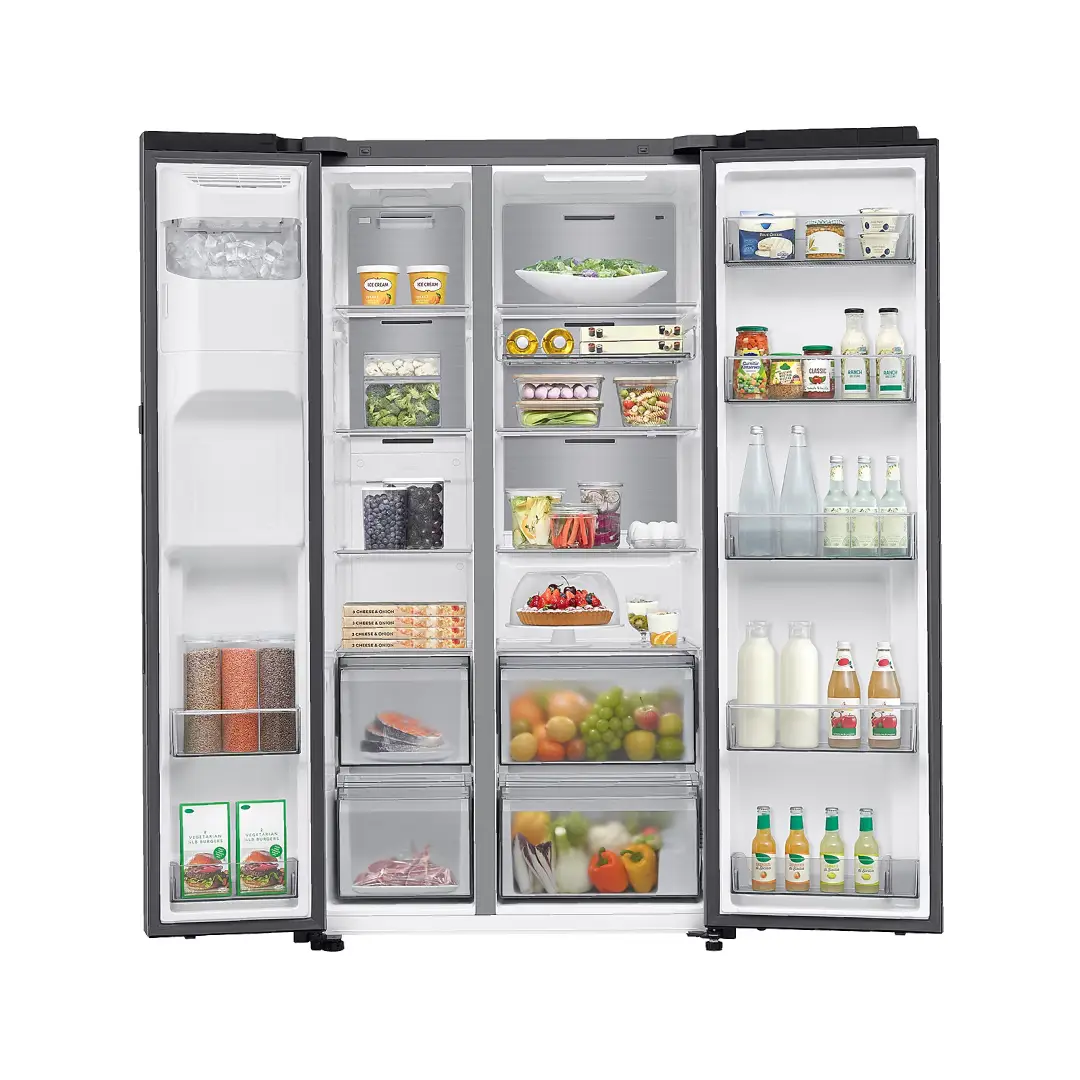 Frigorífico americano Samsung RS-90F64EETEF abierto con los compartimentos llenos de alimentos – Electrocash