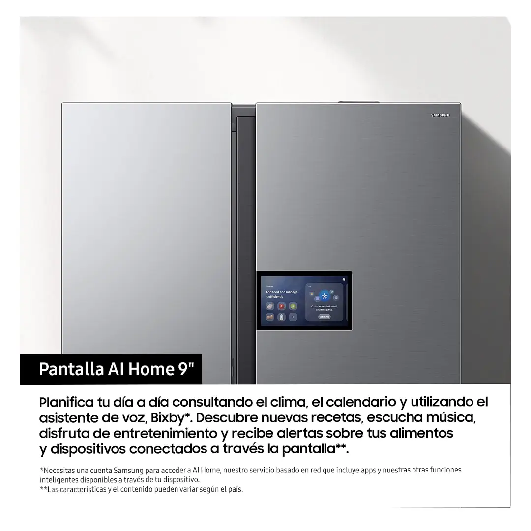 Primer plano de la pantalla táctil LCD AI Home de 9 pulgadas del frigorífico Samsung RS-90F64EETEF mostrando su interfaz inteligente – Electrocash