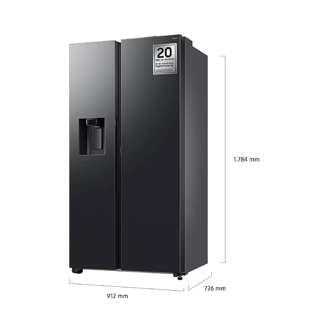 Plano técnico mostrando las dimensiones del frigorífico Samsung RS-80F64KDFEF en vista frontal y lateral – Electrocash