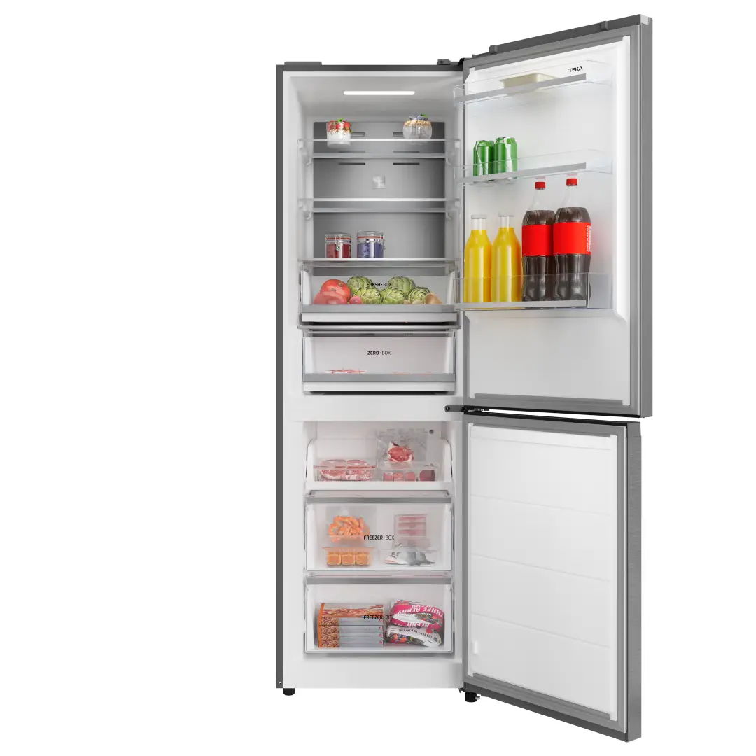 Imagen del Teka RBF-64660 abierto con alimentos organizados en estantes, cajones y puerta – Electrocash