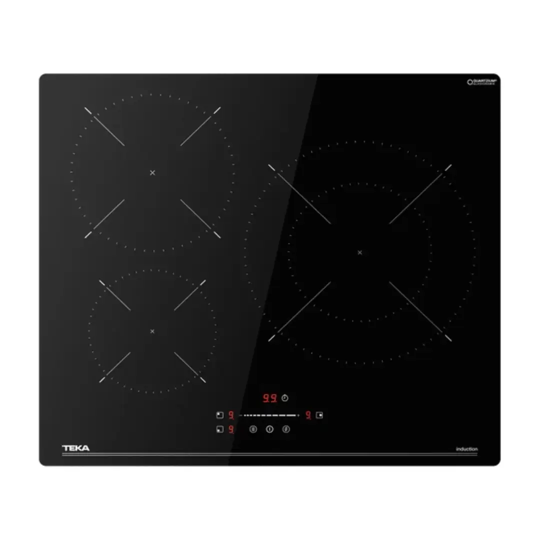 Imagen superior de la placa de inducción Teka IBC 63110 con 3 zonas de cocción, superficie vitrocerámica negra y diseño moderno – disponible en Electrocash