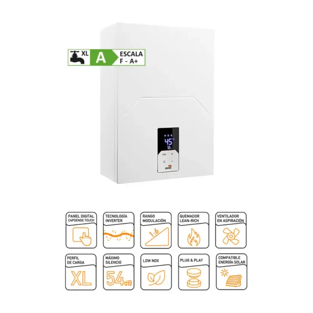 Detalle de las características principales del calentador COINTRA CETI-12N, incluyendo kit de salida de gases y tecnología bajo NOx – Electrocash