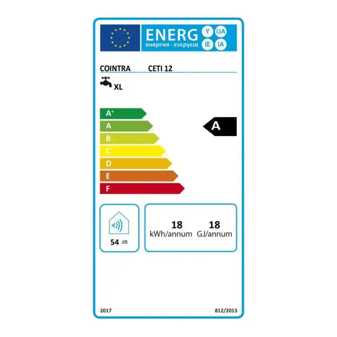 Etiqueta de consumo energético del calentador COINTRA CETI-12N, mostrando su eficiencia y clasificación energética – Electrocash