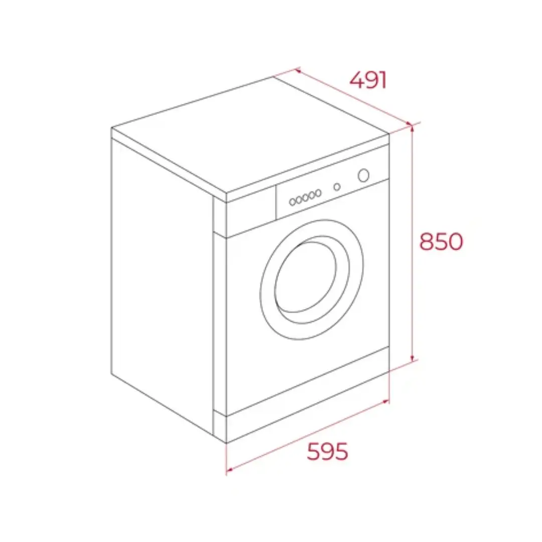 Diagrama técnico con las dimensiones de la lavadora TEKA WMK-40840 ideal para instalación en espacios reducidos – Electrocash