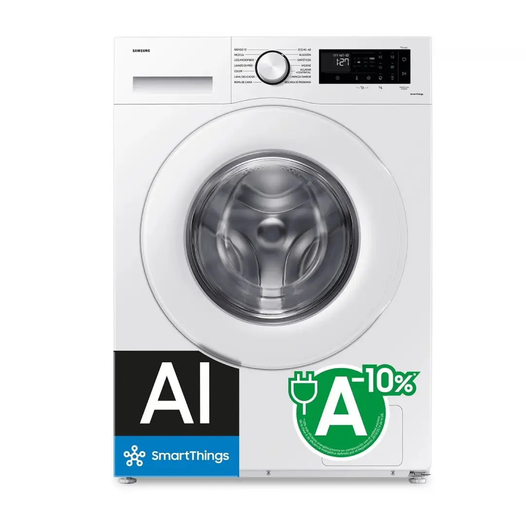 Imagen frontal de la lavadora Samsung WW-90CGC04TDTEEC con capacidad de 9 kg, 1400 rpm y tecnología EcoBubble, perfecta para un lavado eficiente – disponible en Electrocash