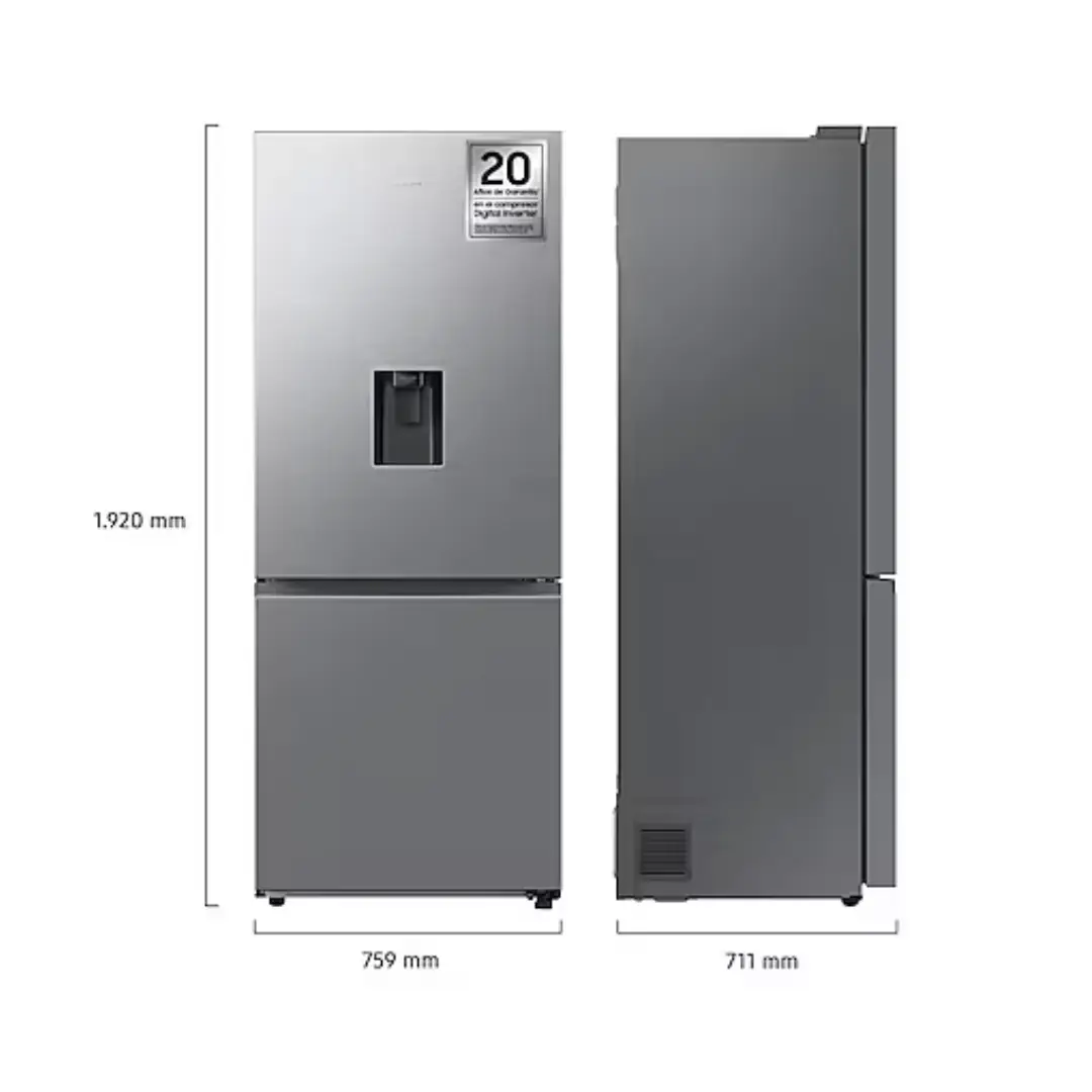Imagen con las dimensiones del frigorífico Samsung RB-50DG632ES9EF mostrando su altura de 192 cm y diseño combi – Electrocash