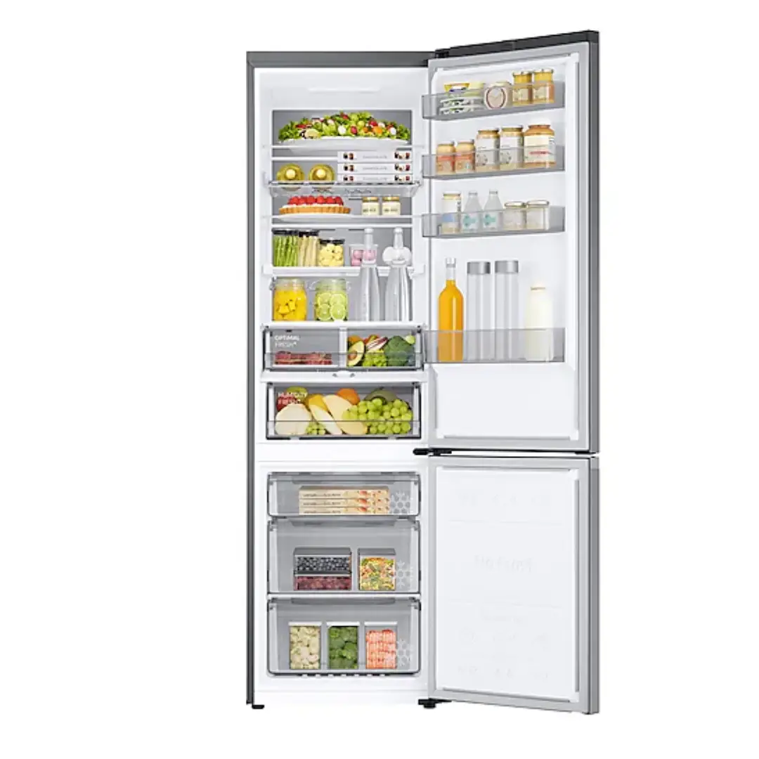 Imagen del frigorífico Samsung RB-38C776CS9/EF abierto y lleno de alimentos, mostrando su amplio espacio de almacenamiento – Electrocash