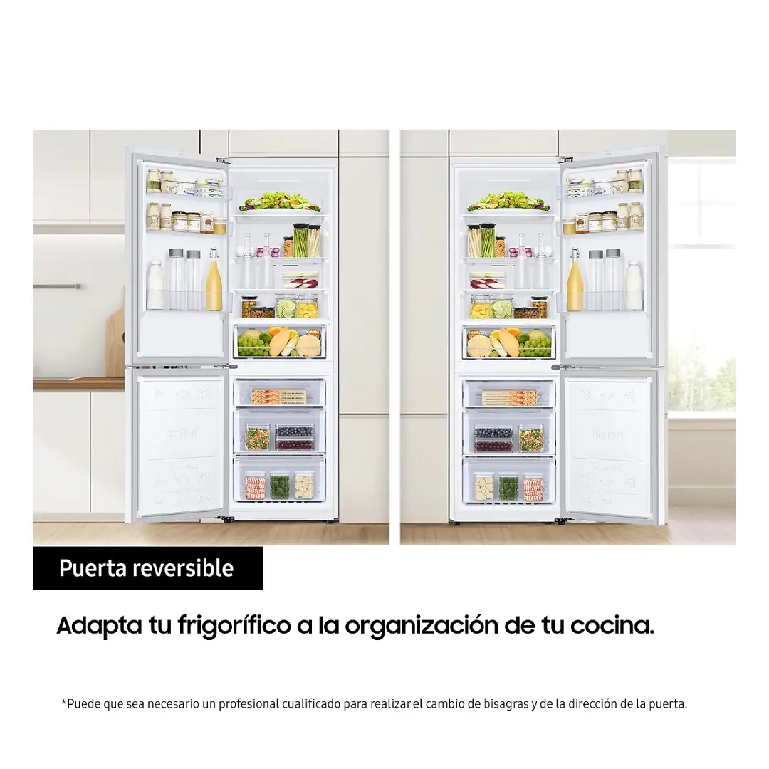 Imagen mostrando la apertura de la puerta reversible del frigorífico Samsung RB-34C600CWW/EF para facilitar su colocación – Electrocash