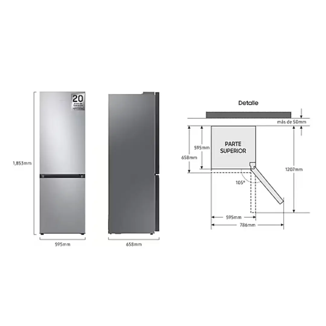 Imagen con las dimensiones del frigorífico Samsung RB-34C600CSA/EF incluyendo altura, ancho y fondo, ideal para encastre en cocinas – Electrocash
