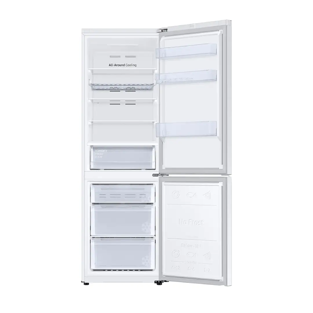 Imagen del interior vacío del Samsung RB-34C672EWW/EF mostrando bandejas y cajones transparentes con gran capacidad – Electrocash