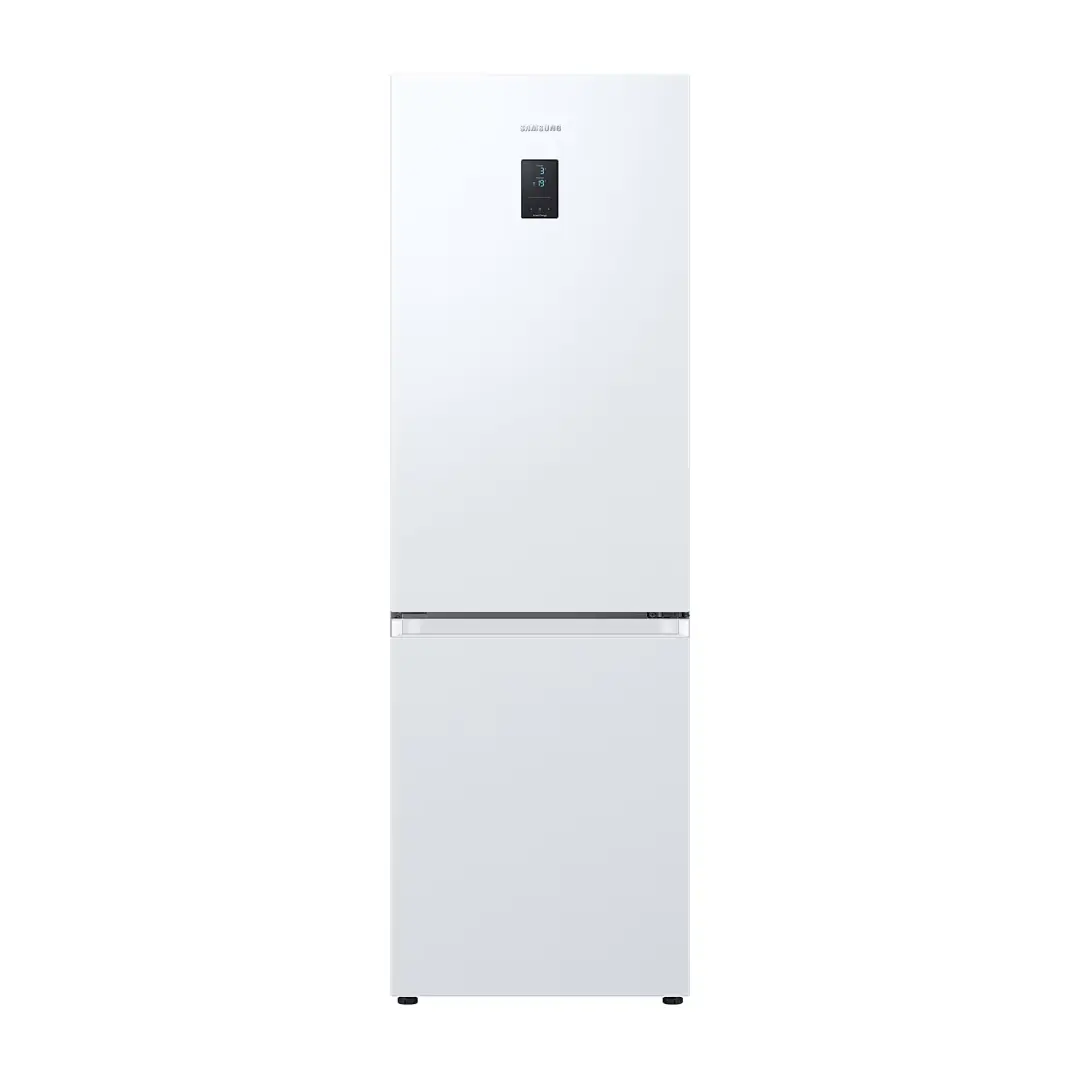 Vista frontal del frigorífico combi Samsung RB-34C672EWW/EF en color blanco con diseño moderno y display exterior – disponible en Electrocash
