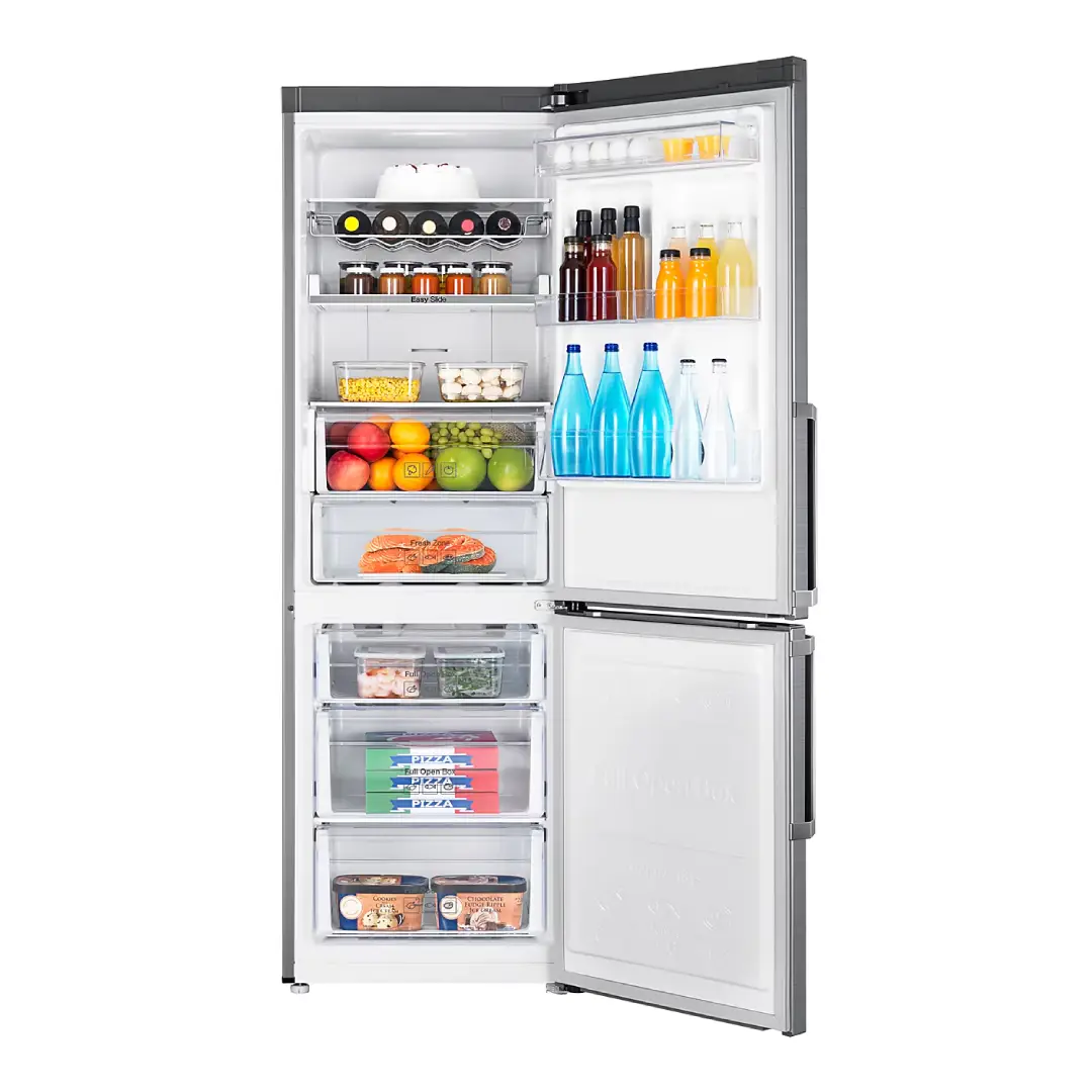 Imagen del frigorífico Samsung RB-33J3515S9 abierto y lleno de alimentos organizados – Electrocash