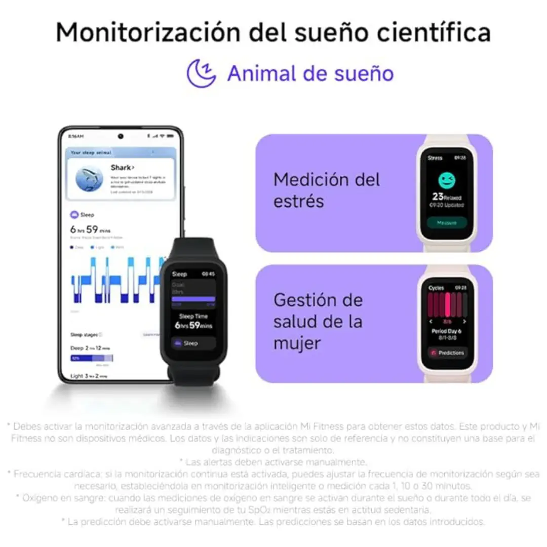 Imagen de la pulsera Xiaomi 9Active-BK con datos de control del sueño en pantalla, resaltando su función para mejorar la calidad del descanso – disponible en Electrocash