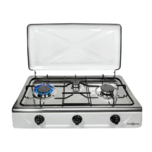 Imagen frontal del hornillo de gas Vitrokitchen 302BB con 3 fuegos y grasera de acero inoxidable, diseño compacto y resistente ideal para la cocina.