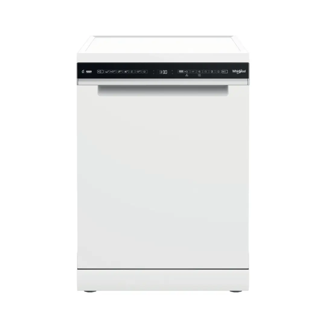 Imagen frontal del lavavajillas Whirlpool W7F-HS51 en color blanco, mostrando su diseño elegante y moderno – disponible en Electrocash.