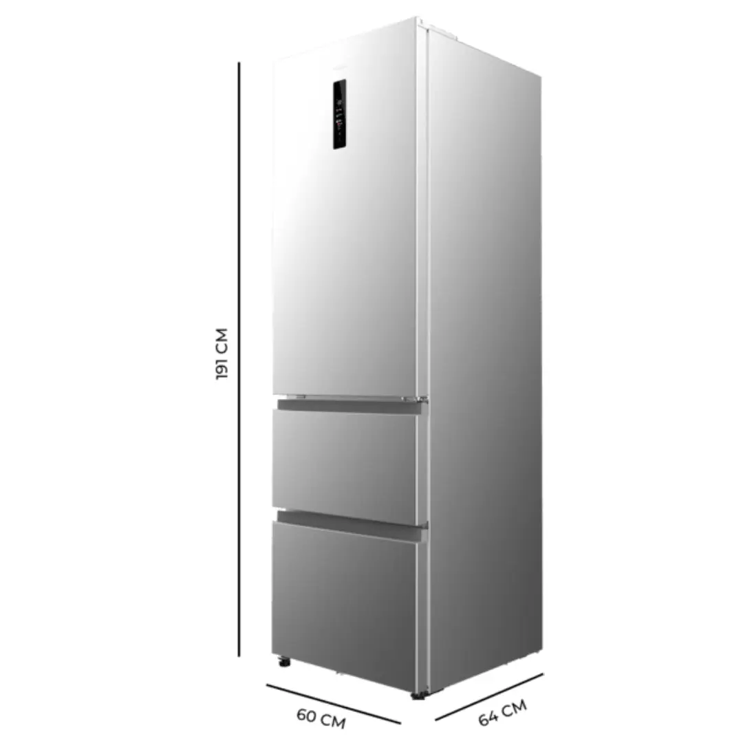 Vista con las dimensiones del frigorífico combi Cecotec FD 400 con altura de 191 cm, ideal para planificar el espacio en cocina.