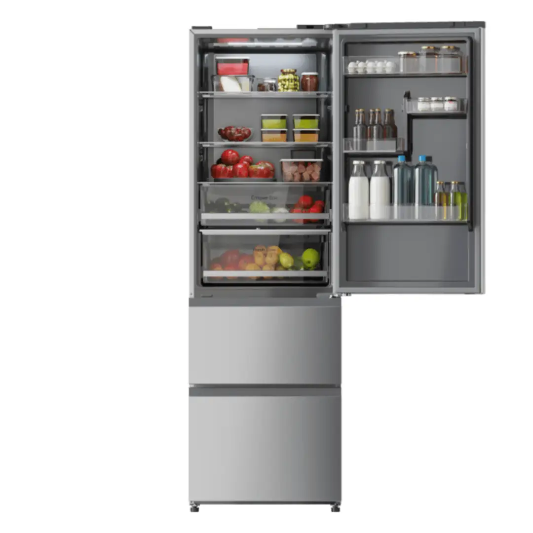Frigorífico Cecotec Bolero CoolMarket FD 400 abierto y con alimentos, mostrando su distribución interior y amplio espacio.
