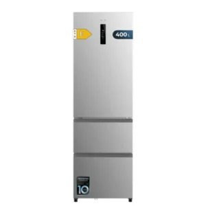 Imagen principal del frigorífico combi Cecotec Bolero CoolMarket FD 400 en color inox con 3 puertas, 400 litros, tecnología No Frost y motor Inverter.