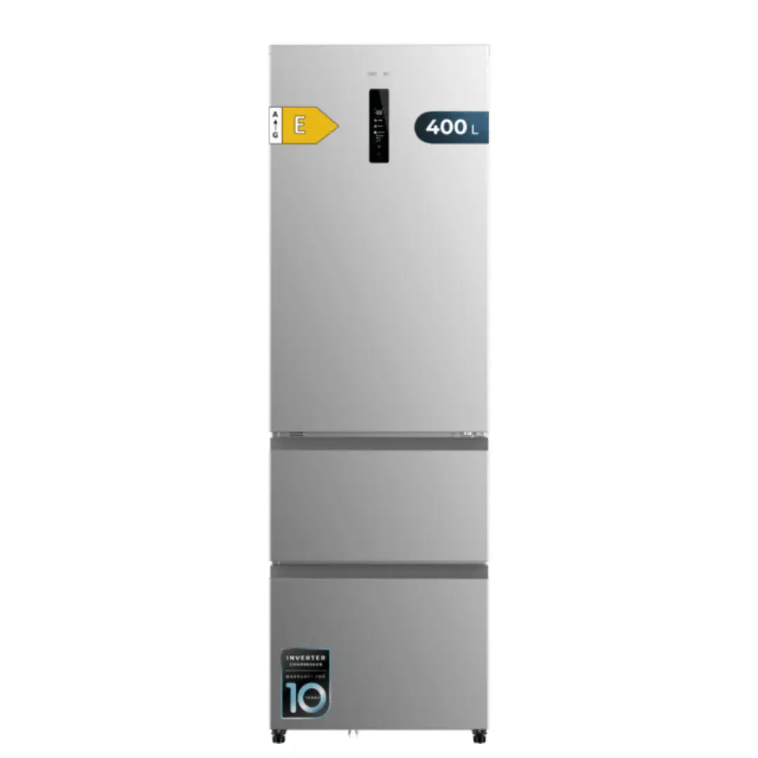 Imagen principal del frigorífico combi Cecotec Bolero CoolMarket FD 400 en color inox con 3 puertas, 400 litros, tecnología No Frost y motor Inverter.