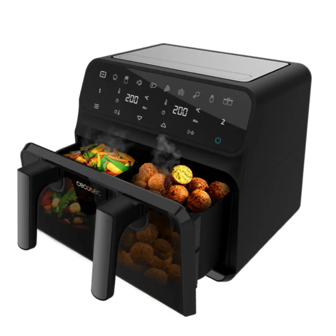 Imagen de la freidora Cecotec Advance 9000 en uso, mostrando cómo sus dos cubetas permiten cocinar diferentes alimentos simultáneamente de forma rápida y saludable.