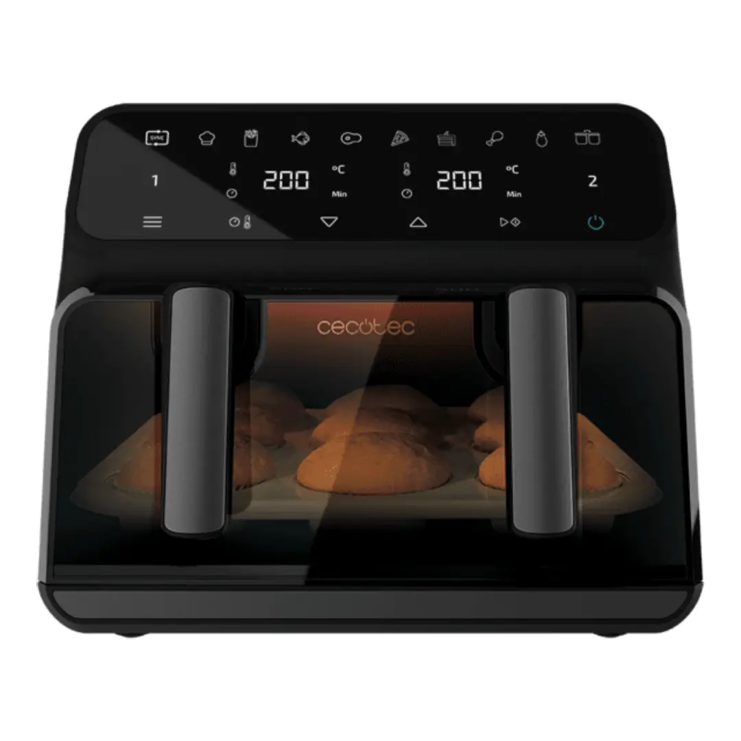 Imagen principal de la freidora dietética Cecotec Advance 9000 mostrando su capacidad de 9 L, potencia de 2200 W y doble cubeta para preparar comidas de manera saludable y eficiente.