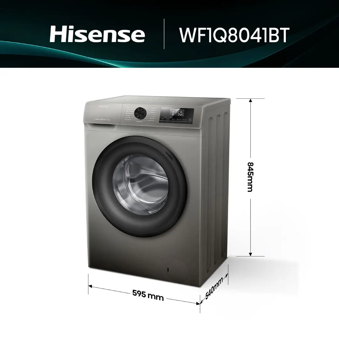 Vista lateral de la lavadora Hisense WF1Q-8041BT con indicación de sus dimensiones y espacio necesario para instalación – Electrocash.