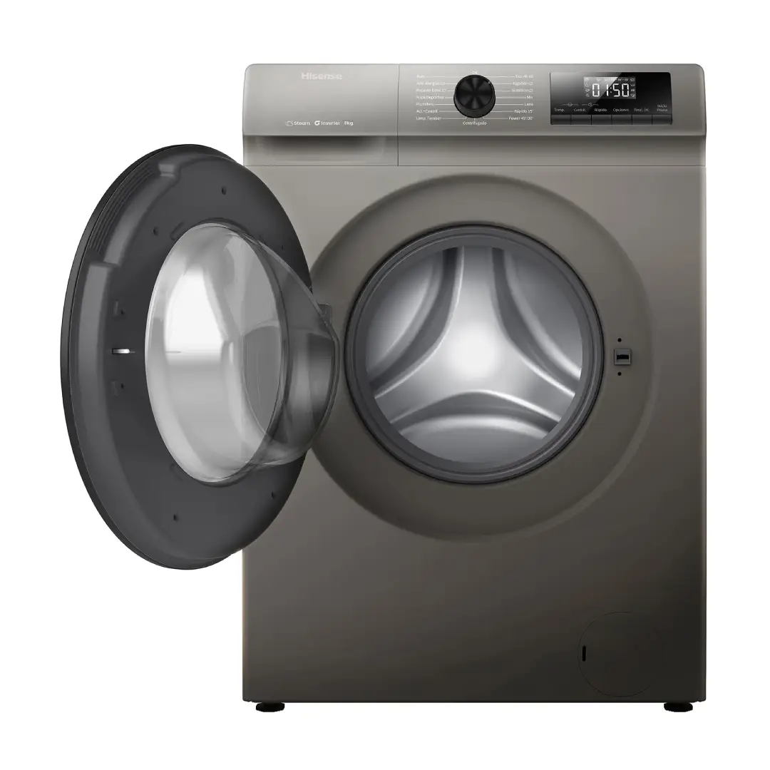 Lavadora Hisense WF1Q-8041BT con la puerta abierta, mostrando el tambor de acero inoxidable y capacidad de 8 kg – disponible en Electrocash.