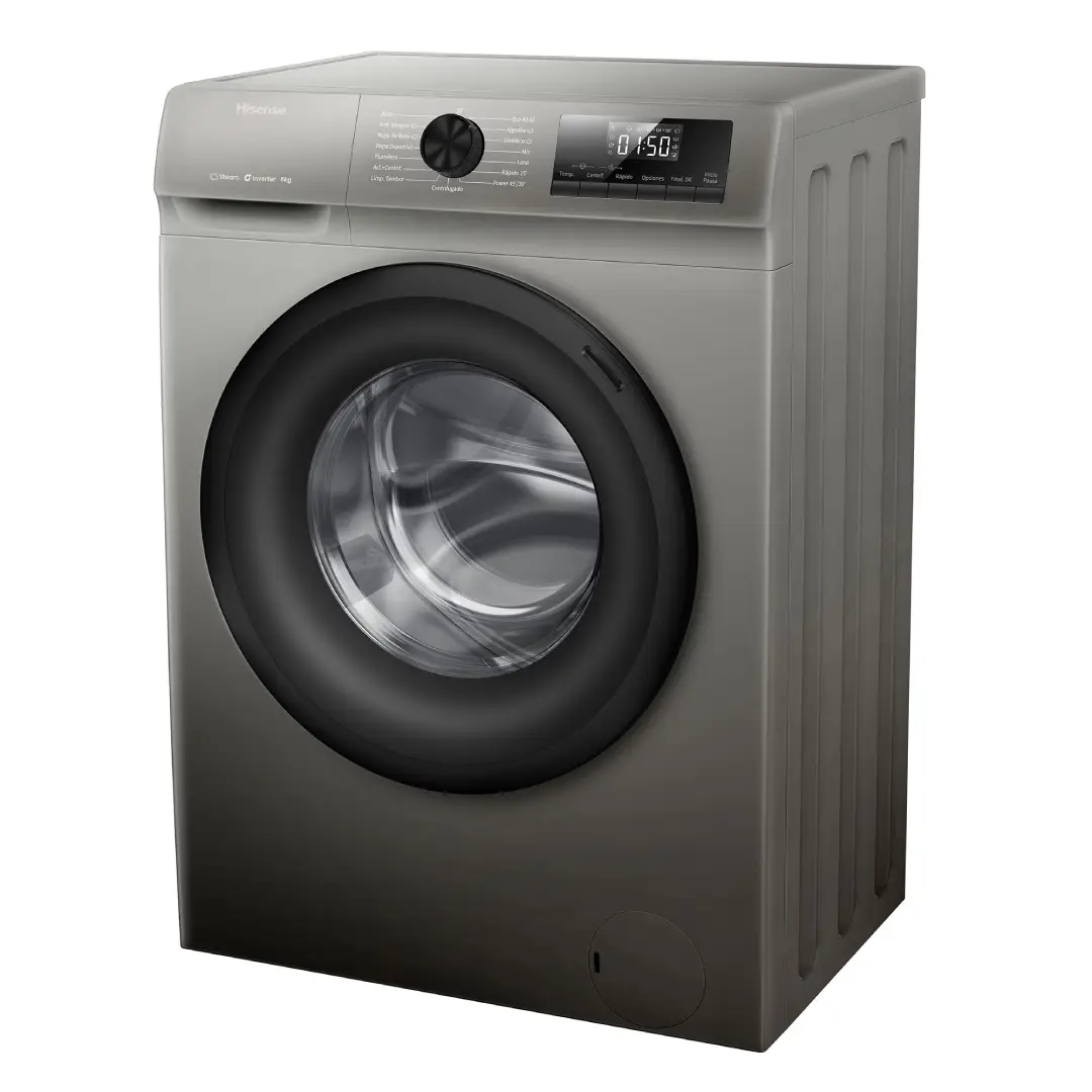 Vista lateral de la lavadora Hisense WF1Q-8041BT, destacando su diseño elegante y acabado inox – disponible en Electrocash.